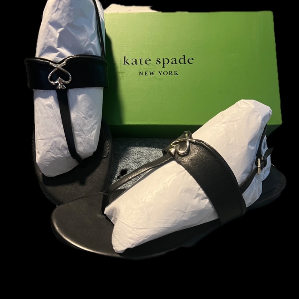 Kate Spade Kendra T-Strap Black Thong Leather Sandals NIB with FREE DUST BAG